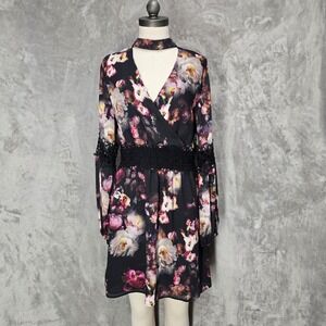 Willow&Clay Floral Choker Neck Mini Dress Crochet Waist Whimsigoth Romantic Sz10